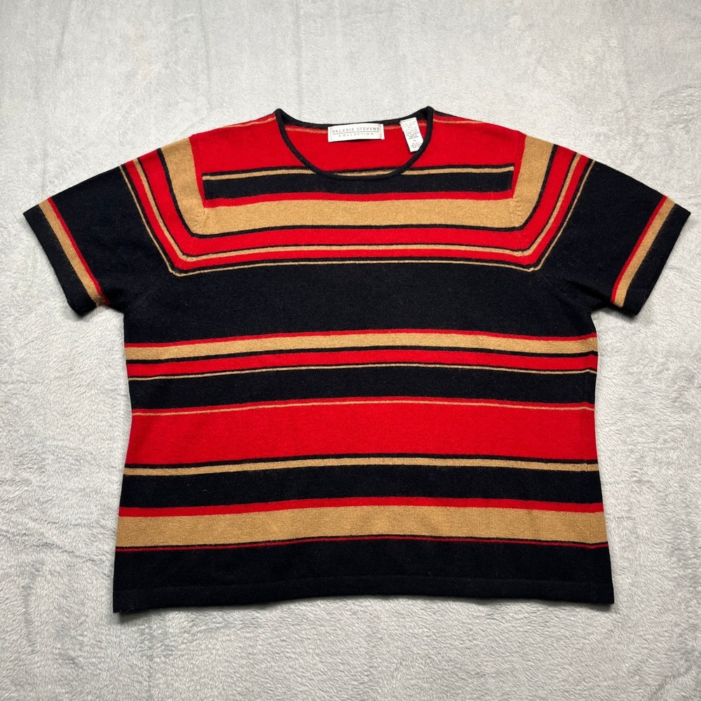 Valerie Stevens Sweater Top Womens Red Black Tan Striped Merino Angora Blend XL